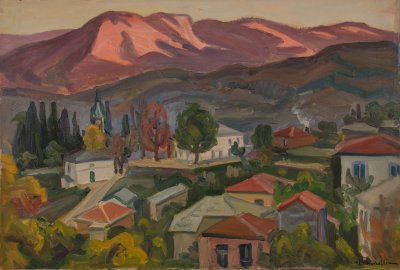 Zagora Evening with Mountains in Intense Red Afternoon Light — Oil painting, Canvas, 50.00×73.00cm — Theodoros Markellos